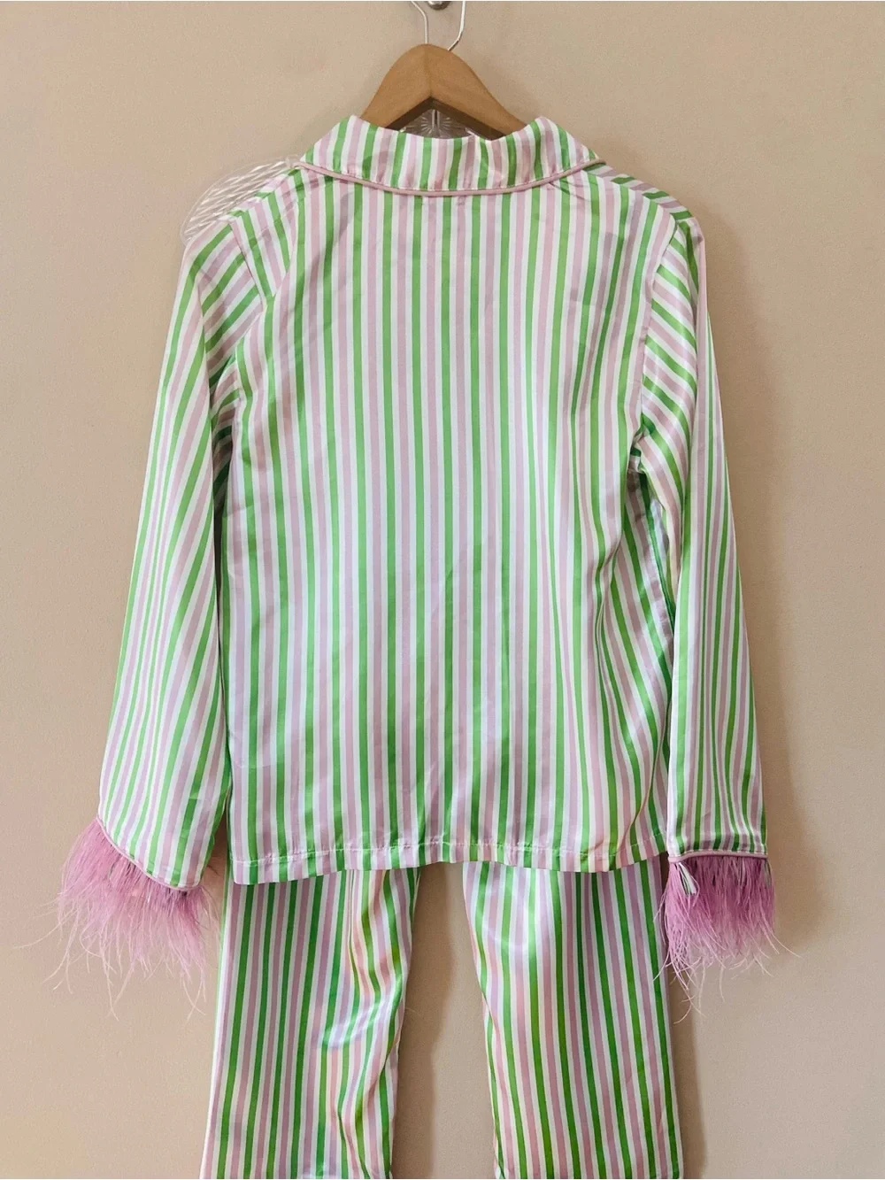 Lola + The Boys Wicked Universal Girl Pajama Set Green Pink Striped Feather Trim